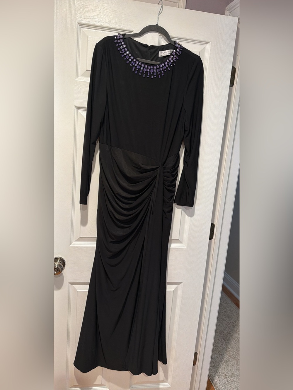 Mac Duggal Black Long Sleeve Draped Evening Gown with Purple Beaded Neckline
